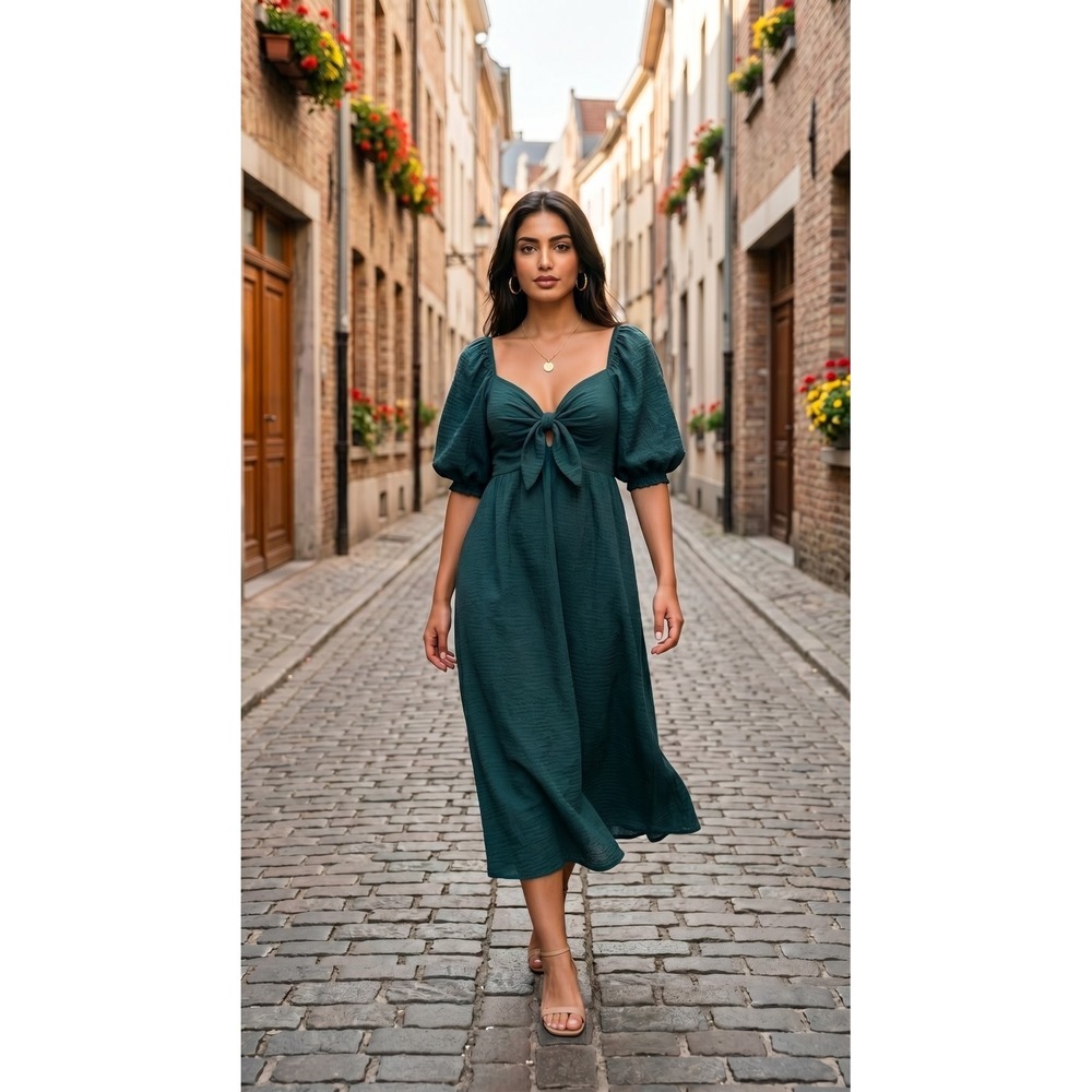 Prairie Cottagecore‎ Green Babydoll Maxi Dress Smocked Flutter Sleeve Gauzy M